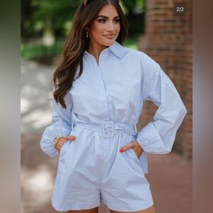 Blue Striped Belted Romper